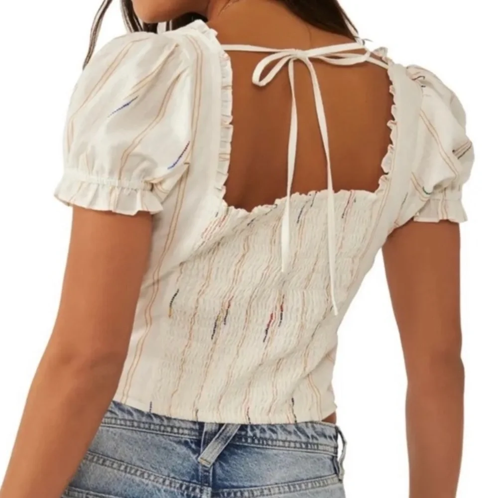 Free People Serotonin Corset Top White Puff Sleeve Top Colorful Rainbow Stitches